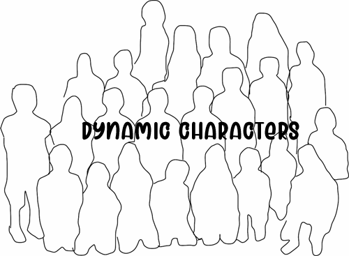 an image with an outline of a group of people,  a headline on it with "dynamic characters" to signal the next section in the blog post 
