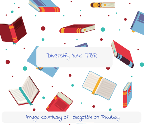 Floating books with the words "Diversify Your TBR" at the center of the image 