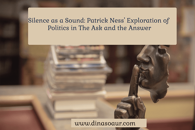 An image of a statue with a finger pressed against its mouth to signify silencing gesture. These words are atop the image: "Silence as a Sound: Patrick Ness' Exploration og Politics in The Ask and the Answer." 